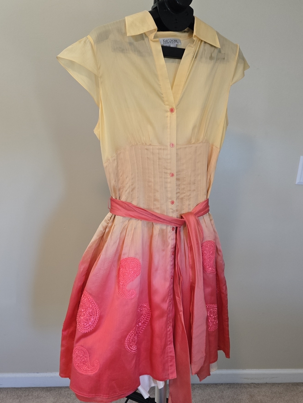 Kay Unger Yellow to Pink Ombre Paisley Sash Dress